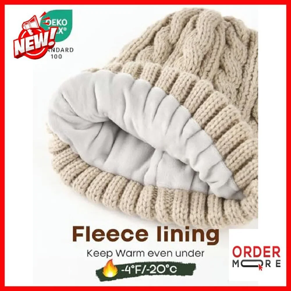 Winter Hat Scarf Gloves Set Fleece Knit Pom Beanie Touchscreen